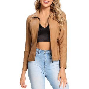 Women Faux Leather Jacket Soft Snap Button Down Shirt Shacket with Pocket